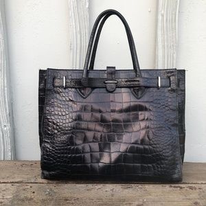 Furla Great Top Handle Black Crocodile Skin Leather Tote